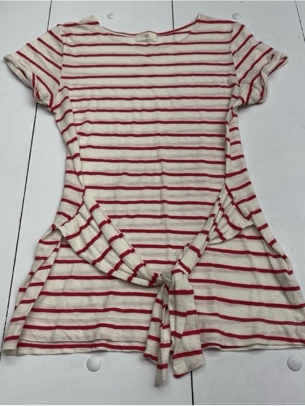 T.La Cream and Red Striped Short-Sleeve Tie-Front Top (Anthropologie)